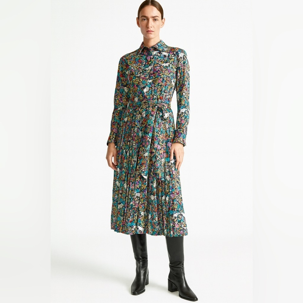 Grazing Goat Pleated Floral Midi Dress Collar Long Sleeve Animal Artsy Novelty 2 - Picture 3 of 9